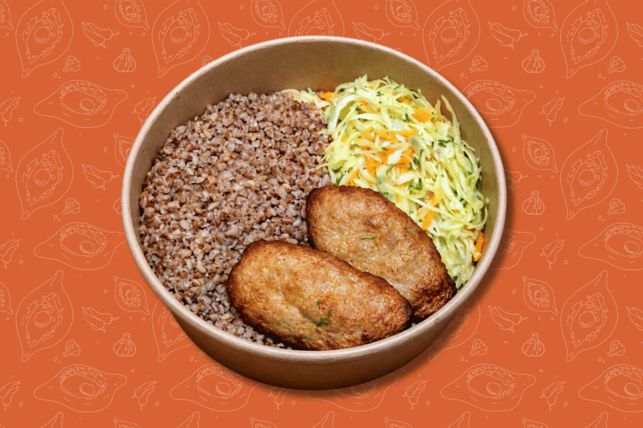 Homemade cutlets, buckwheat and young cabbage salad