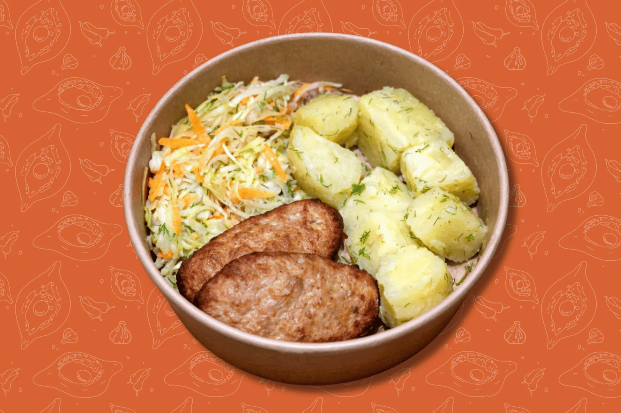 Homemade cutlets, potatoes with butter and dill, young cabbage salad