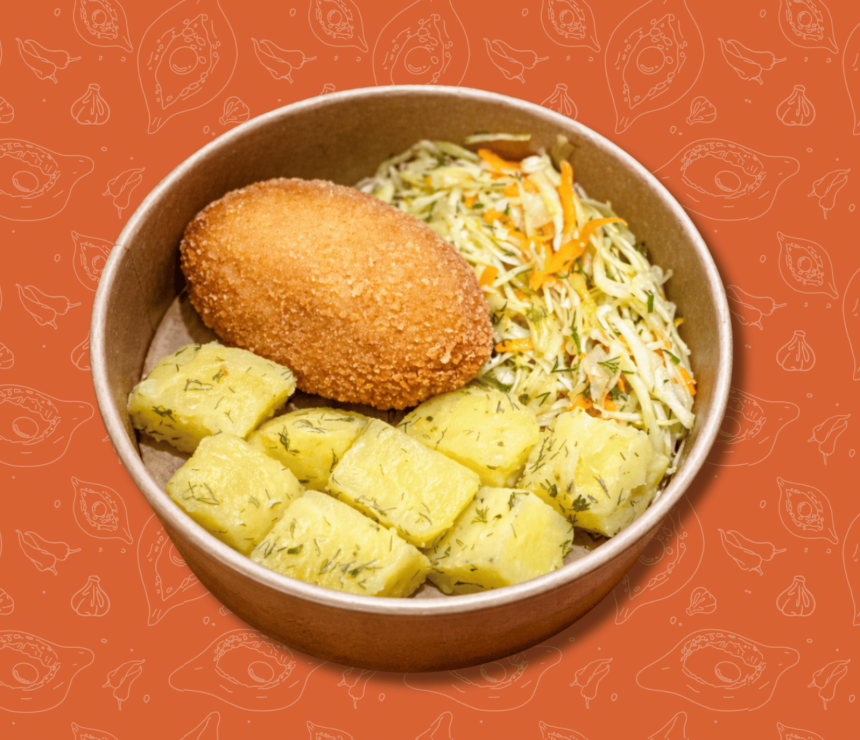 Котлета по-київськи, картопля з маслом та кропом, салат з молодої капусти