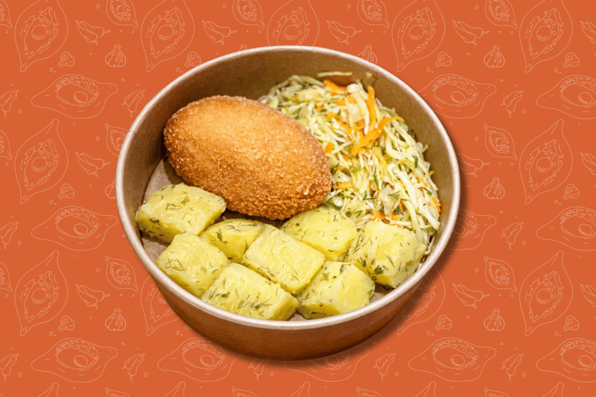 Kiev-style cutlet, potatoes with butter and dill, young cabbage salad