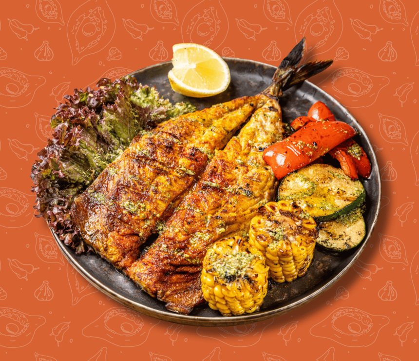 Скумбрія на мангалі з овочами