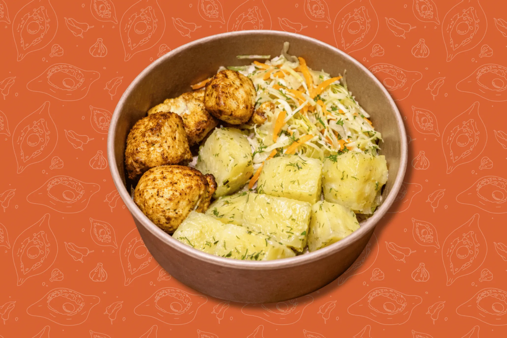 Chicken shashlik, potatoes with butter and dill, young cabbage salad