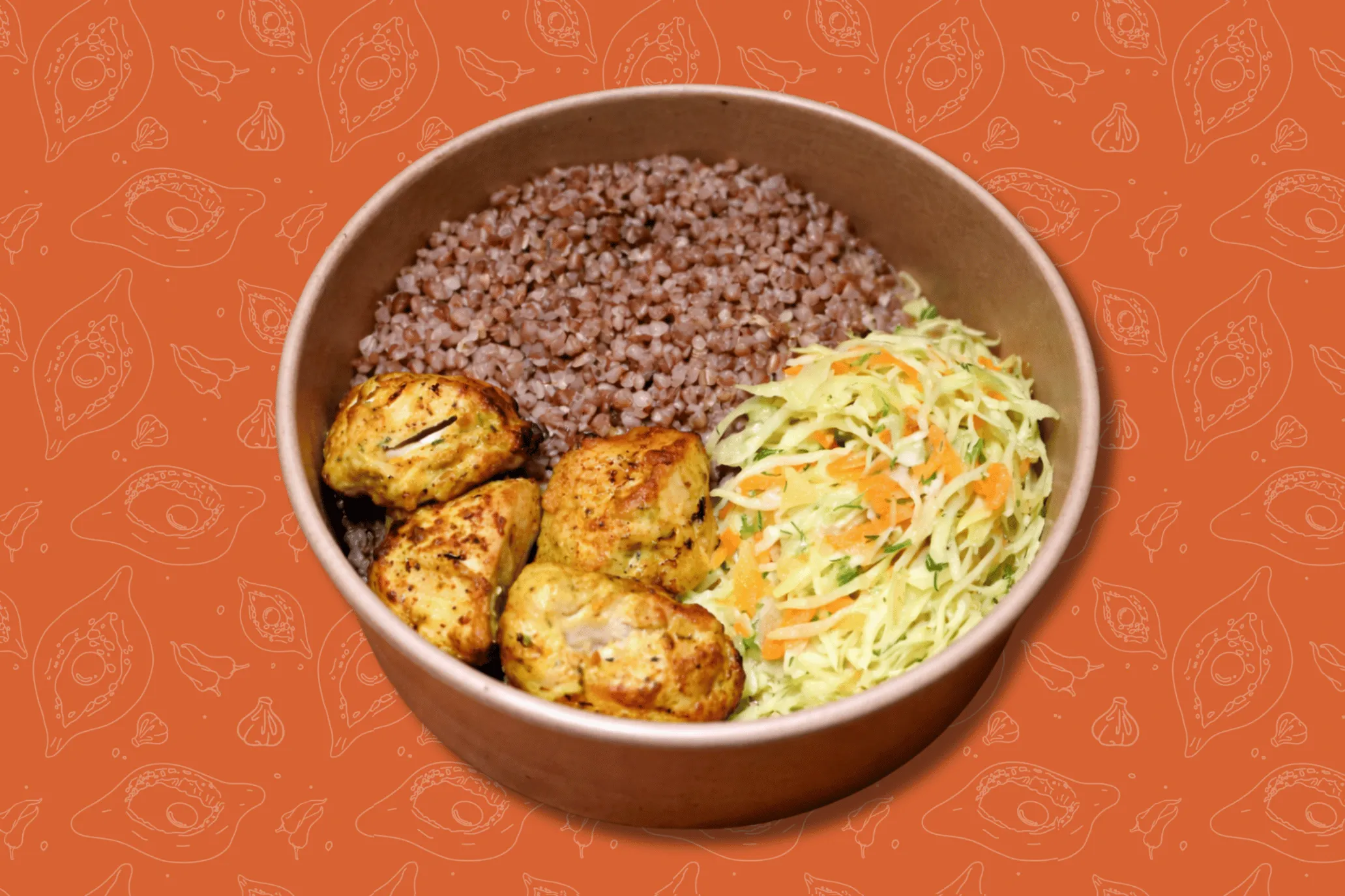 Chicken shashlik, buckwheat and young cabbage salad