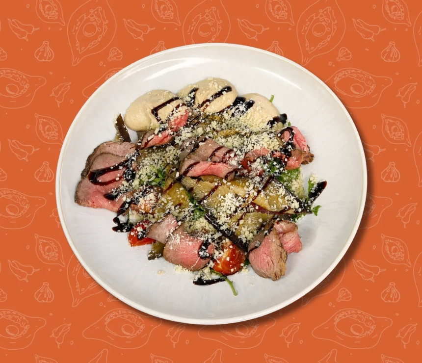 Roast beef, hummus and eggplant salad